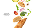 Creative layout made of bread, tomato, avocado, onion, pepper and broccoli on the white background. Food concept. Macro concept.