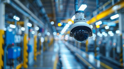 Close-up of a security camera overseeing a busy factory floor.