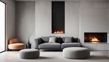  Sofa And Pouf Against Wall With Fireplace. Minimalist Interior Design Of Modern Living Room, Home. 