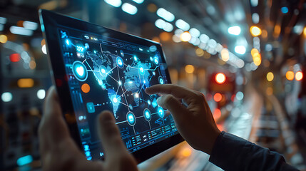 Hand of businessman showing global logistics network on tablet, Futuristic innovation, Smart transport technology concept