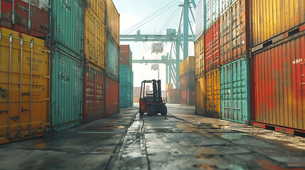 Wall Mural - Industrial Container Cargo freight ship, forklift handling container box loading for logistic import export and transport industry concept background