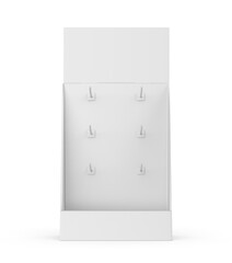 Cardboard plastic pegs corrugated shelf bin with hook peg board counter display template. 3d illustration