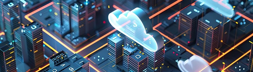 Cloud architecture top view, showcasing a network of interconnected data centers - visual metaphor for connectivity, digital binary as object, Tetradic color scheme
