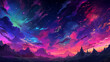 Hand drawn cartoon illustration of beautiful colorful clouds in the night sky
