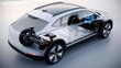 Ev car or electric vehicle with pack of battery cells on platform.