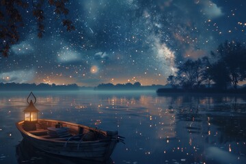 Wall Mural - A boat is floating on a lake at night with a lantern on it. The sky is filled with stars and the water is calm. The scene is peaceful and serene