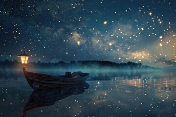 Wall Mural - A boat is floating on a lake at night with a lantern on it.