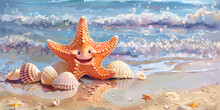 Cute Smiling Starfish On The Beach With Shells, Generative AI