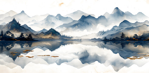 It feels like a wonderful landscape painting drawn in a completely simple way with ink, high quality, artistic on white and transparent background