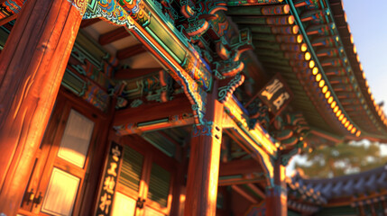 Wall Mural - a Korean palace's ornate wooden architecture, vibrant colors, warm sunlight, clear sky