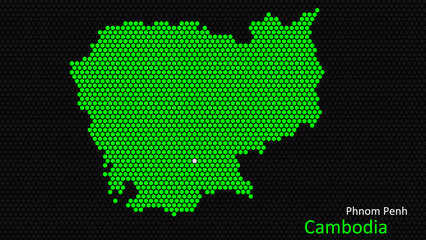 a map of cambodia, with a dark background and the country's outline in the shape of a colored hexago