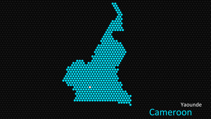 a map of cameroon, with a dark background and the country's outline in the shape of a colored hexago