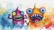 Watercolor illustration of two colorful cartoon monsters with huge eyes and toothy smiles, playfully positioned side by side against a whimsical backdrop