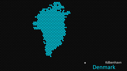 a map of denmark, with a dark background and the country's outline in the shape of a colored hexagon
