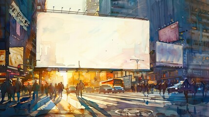 Watercolor of a white blank billboard towering over a bustling city street at sunset, the soft golden light creating long shadows on the pavement