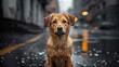Stray homeless dog. Sad abandoned hungry puppy sitting alone in the street under rain. Dirty wet lost dog outdoors. Pets adoption, shelter, rescue, help for pets