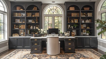 Wall Mural - A contemporary home office with black built-in shelving, white desk, and gold desk accessories, providing a sleek and organized workspace for productivity