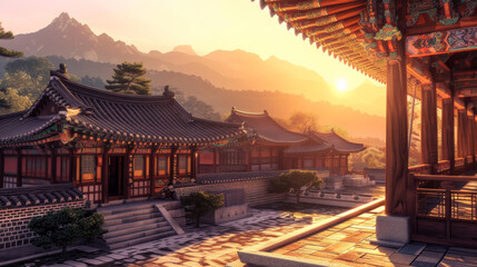 Wall Mural - Korean palace at dawn, the warm sunlight casting golden hues over the ancient wooden structures