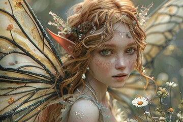 Wall Mural - Red Haired Fairy Princess with Wildflower Bouquet in Magical Garden