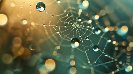 Wall Mural - delicate and detailed close-up of a spider web covered in morning dew. the web is perfectly symmetri