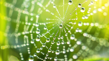Wall Mural - delicate and detailed close-up of a wet spider web with morning dew against a blurry background of g