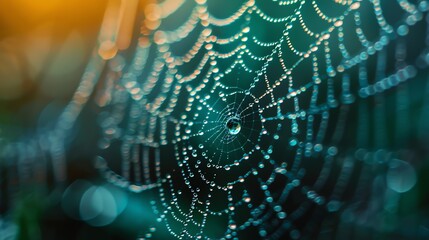 Wall Mural - Delicate and detailed close-up of a wet spider web with morning dew glistening in the sunlight.