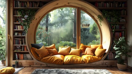 A cozy reading corner nestled in a cushioned alcove, surrounded by shelves of books and soft pillows, inviting kids to curl up with a good book