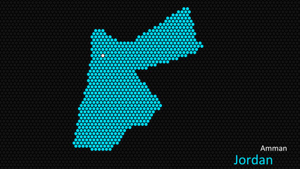a map of jordan, with a dark background and the country's outline in the shape of a colored hexagon,