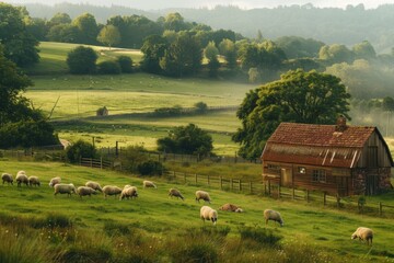 A charming countryside landscape with grazing sheep and rustic barns