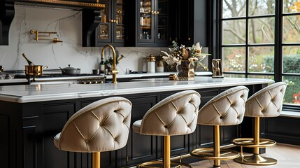 Wall Mural - A glamorous bar area with black cabinets, white marble countertops, and gold bar stools, perfect for hosting elegant cocktail parties and gatherings