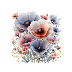 Canvas Print - A painting of a field of flowers with a blue and pink flower in the center