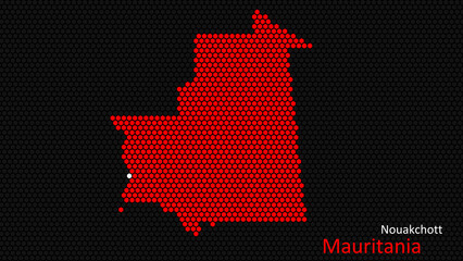 a map of mauritania, with a dark background and the country's outline in the shape of a colored hexa