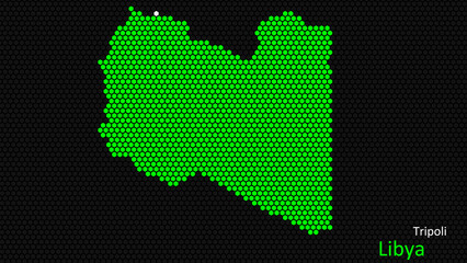 a map of libya, with a dark background and the country's outline in the shape of a colored hexagon, 