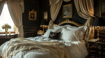 Wall Mural - A glamorous bedroom with black and white wallpaper, a gold canopy bed, and plush white bedding, creating a luxurious and romantic retreat for relaxation