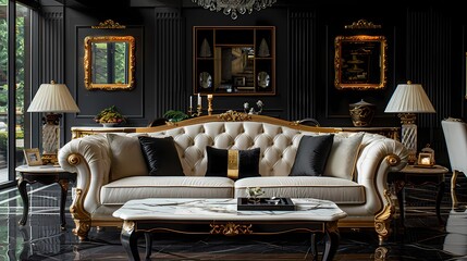 Wall Mural - A luxurious living room adorned with black, white, and gold accents, featuring a plush velvet sofa, marble coffee table, and gilded mirrors reflecting elegance and opulence