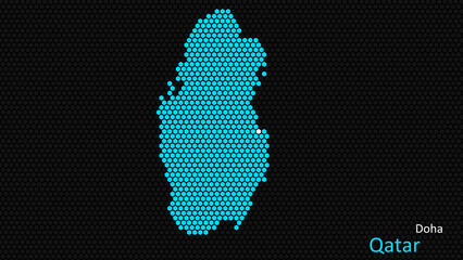 a map of qatar, with a dark background and the country's outline in the shape of a colored hexagon, 