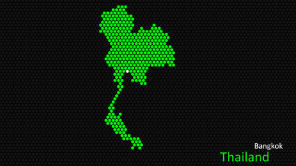 A map of Thailand, with a dark background and the country's outline in the shape of a colored hexagon, centered around the capital. A simple sketch of the country