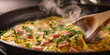 omelette with ham and chives in the pan, generative AI