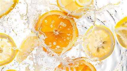 Wall Mural - White background with beautiful slices of Lemon and orange fruits mixed with splashes of water