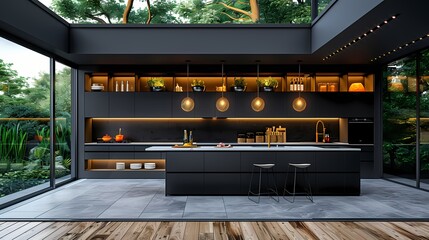 Wall Mural - A modern kitchen with black matte cabinets, white quartz countertops, and gold pendant lights, blending functionality with elegance for the perfect culinary space