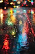 Reflections of city lights shimmering on wet pavement, creating a magical, otherworldly atmosphere, Generative AI