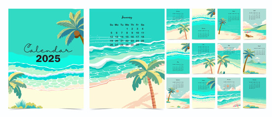 Wall Mural - 2025 table calendar week start on Sunday with beach that use for vertical digital and printable A4 A5 size