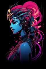 Wall Mural - Enigmatic Pandora Mythological Figure Reimagined in Vivid Synthwave Aesthetic