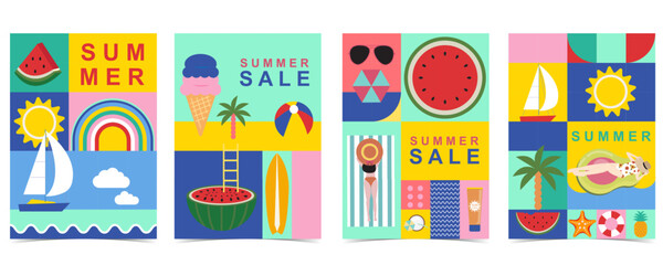 Wall Mural - summer background with geometric style.illustration vector for a4 vertical design