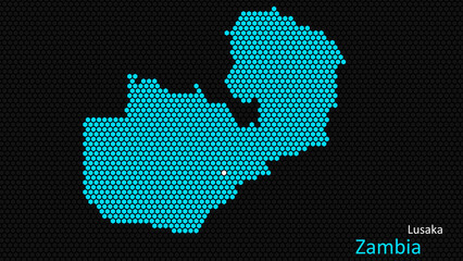 A map of Zambia, with a dark background and the country's outline in the shape of a colored hexagon, centered around the capital. A simple sketch of the country