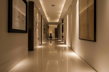 Wall Mural - A minimalist hallway with sleek flooring, minimalist artwork, and strategically placed lighting, guiding the eye through, Generative AI