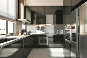 Poster - A minimalist kitchen with sleek cabinets, minimalist countertops, and integrated appliances, creating a clutter-free, Generative AI