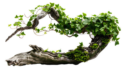 A vivid green creeper winding around an ancient, gnarled tree branch, isolated on transparent background