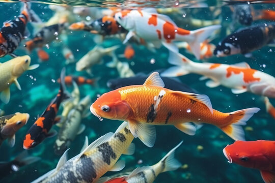 Goldfish swim underwater in a fishbowl