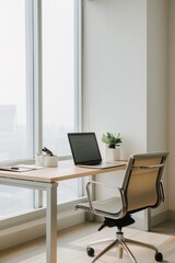 Poster - A minimalist workspace with a clean desk, ergonomic chair, and organized storage, promoting efficiency and creativity, Generative AI